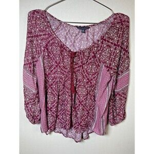American Eagle Peasant Blouse XS Womens Burgundy Floral Boho Festival Indie
